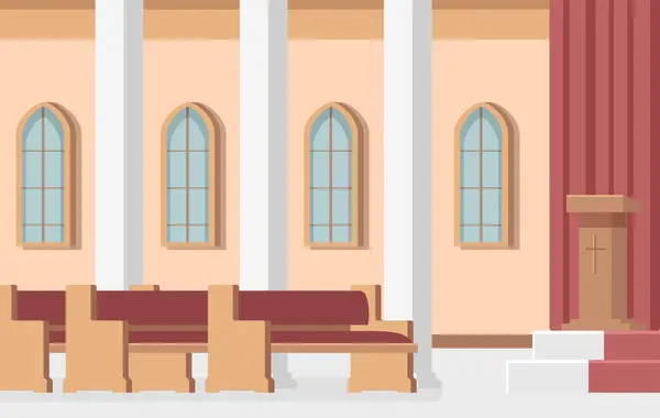 天主教教堂内部有祭坛 木制长椅 高拱窗 教堂内 宗教祈祷与牧师的讲坛 平面矢量插图 — 图库矢量图片