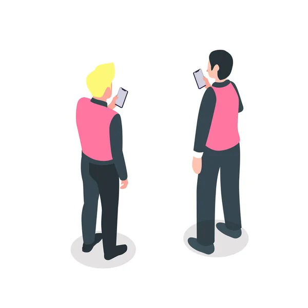 アイソメトリックビジネスの人々は 電話を使用してキャラクター アイソメトリック男性 ビジネスマン バックビュー ベクトル3Dイラスト — ストックベクタ