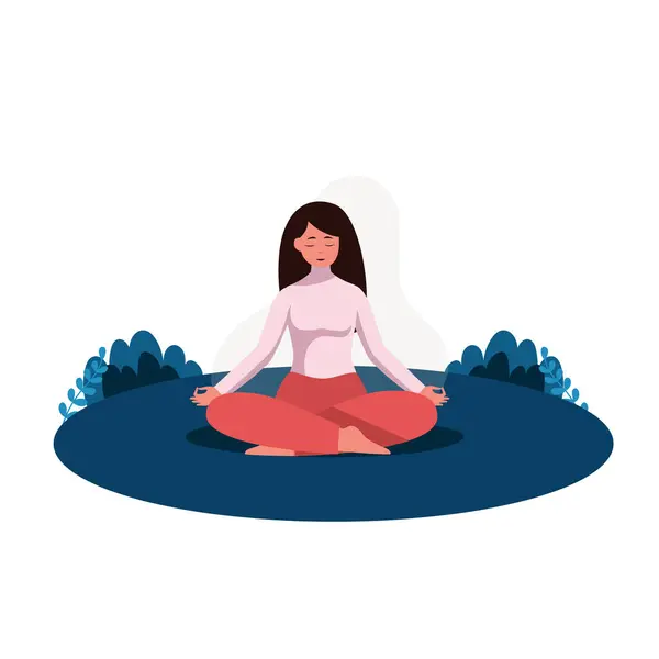 Woman meditating in nature. Illustration concept for yoga, meditation, relax, recreation, healthy lifestyle. Vector illustration in flat style