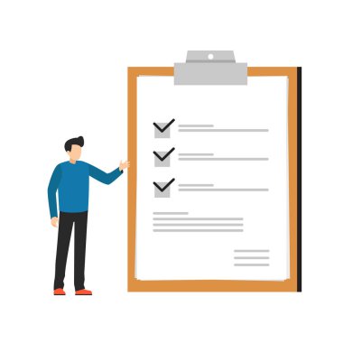 Dev kontrol listesinin yanında duran adam. Başarılı görev tamamlama kavramı, zaman yönetimi. Pano kağıdındaki kontrol listesi. İş görevleri başarıyla tamamlandı.