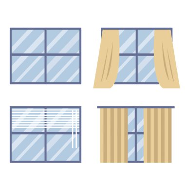 Çerçeve vektör illüstrasyonlu Windows kümesi. Çeşitli tipte plastik pencere koleksiyonu. İç ve dış unsurlar. modern pencere çerçeveleri
