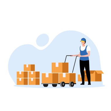 Depo Yönetimi, lojistik işlem, Depo çalışanı ve teslimat. Nakliye ve teslimat prosedürleri. paket kutuları, paketleme kutusu, vektör düz illüstrasyon