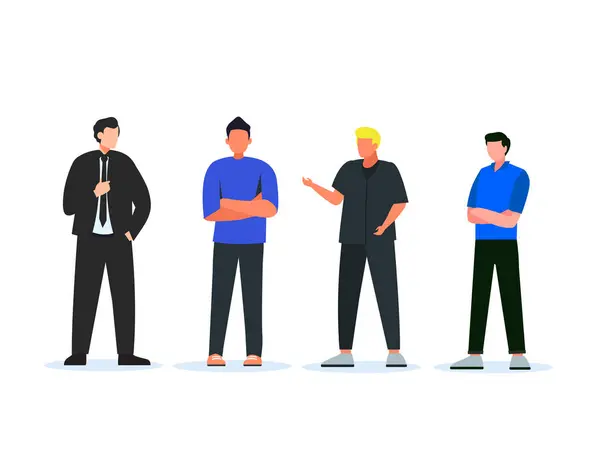 Bedrijfsmedewerkers Vector Illustratie Set Cartoon Gelukkig Zakenman Personages Staan Vier — Stockvector