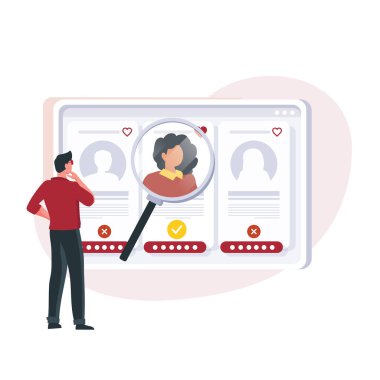 Büyütme cam avatar simgeleri, işe alım süreci konsepti. İşçi vektör illüstrasyonunu ara