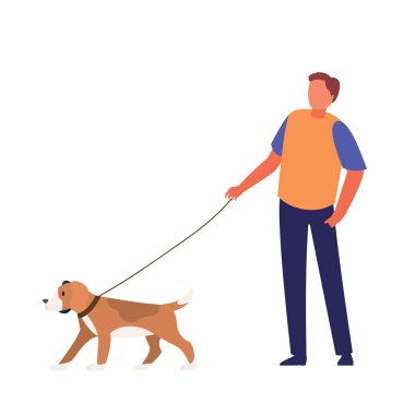 Şirin köpeğiyle genç bir adam. Hayvan sahibi. Köpeğiyle yürüyen bir adam. Düz vektör illüstrasyonu.