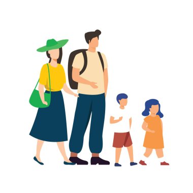 Bavulları, turizmi ve mutlu bir yolculuğu olan bir aile. Aile tatilleri plajda, düz vektör çizimleri.