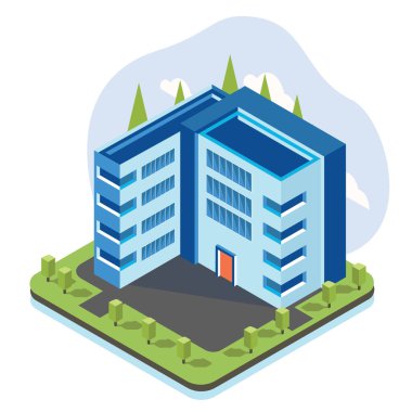 Isometric Ofis Binası ya da White 'ta izole edilmiş bir daire. İş Merkezi. Element ağacı ve gökyüzü vektörü 3d illüstrasyonlu şehir binası.