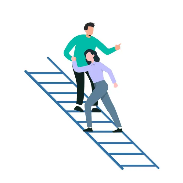 女性が階段を上るのを助ける男 ビジネスマンはキャリアを向上させ 梯子ベクトルのイラストを保持するのに役立ちます — ストックベクタ