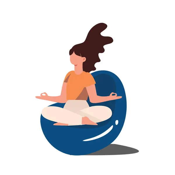 Sakin bir kadın ve bacak bacak bacak üstüne atmış Lotus Yoga duruşunda meditasyon yapıyor. Meditasyon pratiği. Zen ve uyum kavramı. düz vektör illüstrasyonu