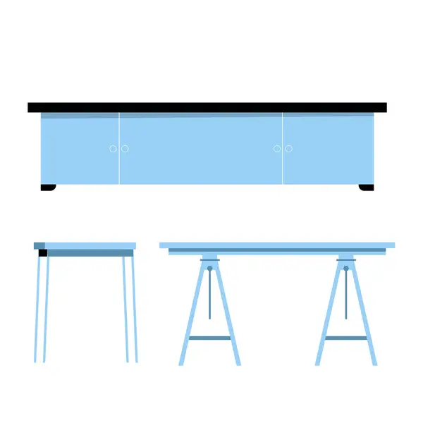 テーブルのセット 研究室のテーブルの家具 プラットフォームと脚付きのデスク オフィスのテーブル ショールームのための隔離された目的 ベクトル家具セット — ストックベクタ