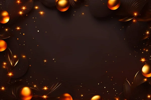 A dark background with gold and black ornaments and shiny stars.