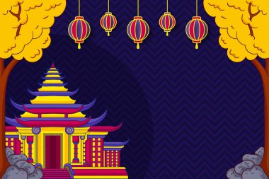 Yeni yıl için Çin manzarası düz vektör çizimi.