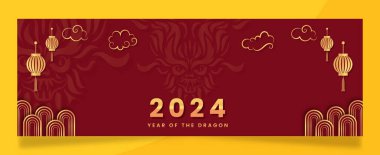 2024 Çin yeni yılı ejderha pankartı dizaynı. Ejderha bulutları ve fenerlerle birlikte..