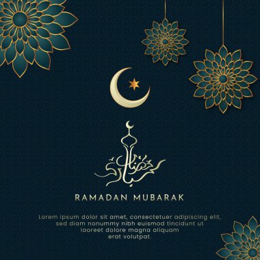 Ramazan Mübarek, koyu arkaplanda 'Ramazan Mübarek' anlamına gelen altın mandala el yazısı harfleriyle selamlıyor.