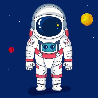 Gezegen ve uzayda arka planda astronot var. Vektör illüstrasyonu