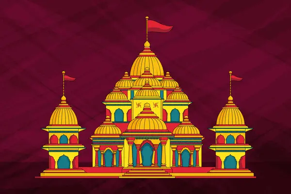 Kırmızı bayraklı geleneksel Hindu tapınağı. Kuzey Hindistan tarzı Hindu tapınağı.