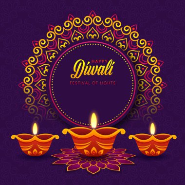 Hint festivali Diwali diya ile Mutlu Diwali, tatil geçmişi, Diwali kutlama kartı, vektör illüstrasyonu.