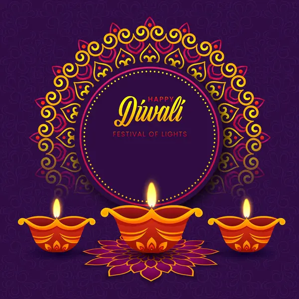 Hint festivali Diwali diya ile Mutlu Diwali, tatil geçmişi, Diwali kutlama kartı, vektör illüstrasyonu.