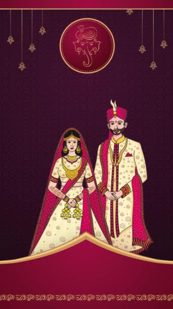 美しいインドの結婚式招待状 花嫁とグロムカバーでアニメーションされた背景 — ストック動画