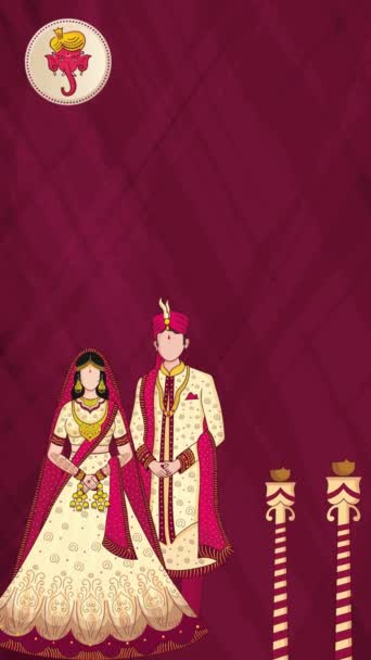 美しいインドの結婚式の招待状 花嫁とグロムの顔のないチャラターでアニメーションされた背景 — ストック動画