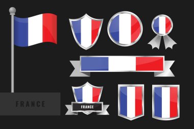 Fransa bayrağı hazır. Fransa ulusal amblemlerinin koleksiyonu. Bayrakların düz tasarımı.