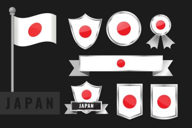 Japonya bayrağı hazır. Japonya 'nın ulusal amblemlerinin koleksiyonu. Bayrakların düz tasarımı.