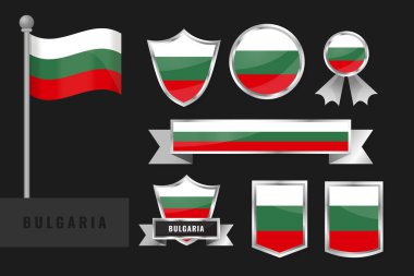 Bulgaristan bayrağı hazır. Bulgaristan 'ın ulusal amblemlerinin koleksiyonu. Bayrakların düz tasarımı.