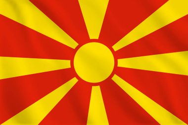 Kuzey Makedonya 'nın 3D resimli bayrağı sallanıyor. Kuzey Makedonya 'nın vektör bayrağı. Kuzey Makedonya 'nın Sembolü.
