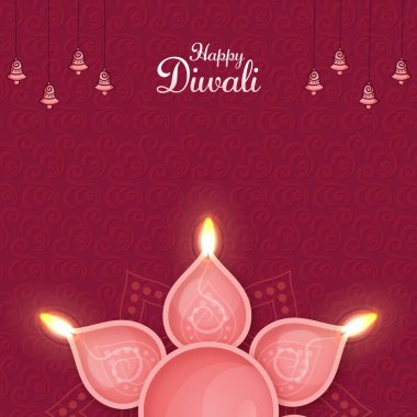 Işık Yağı Lambaları (Diya) ve Pembe Arkaplanda Çanlar Görülen Mutlu Diwali Tebrik Kartı.