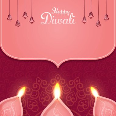 Işık Yağı Lambaları (Diya) ve Pembe Arkaplanda Çanlar Görülen Mutlu Diwali Tebrik Kartı.