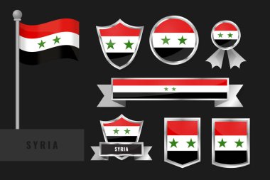 Suriye bayrağı dikti. Suriye ulusal amblem koleksiyonu. Bayrakların düz tasarımı