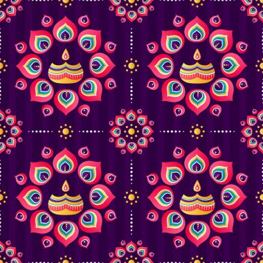 Vektör Diwali renkli lambalar ve mandala desensiz arkaplan.