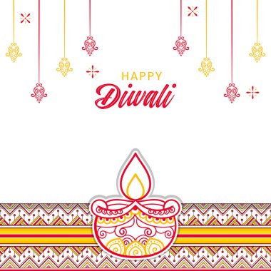 Mutlu Diwali selamları. Diya ile Kırmızı ve Sarı Rangoli dekorasyonu. vektör illüstrasyonu.