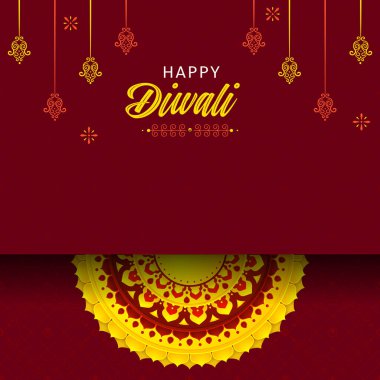Mutlu Diwali selamları. Diya ile Kırmızı ve Sarı Rangoli dekorasyonu. vektör illüstrasyonu.