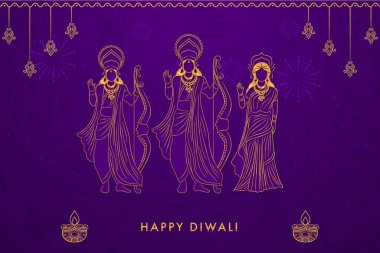 Hindu Mitolojisi Lordu Rama ve eşi, Küçük Kardeş Lakshman Mor Siluet Ayodhya Manzara Geçmişi. Diwali kutlama kartı, vektör illüstrasyon tasarımı.