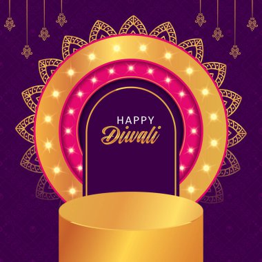 Hint festivali deep avali için mor arka planda 3D podyum tasarımı.