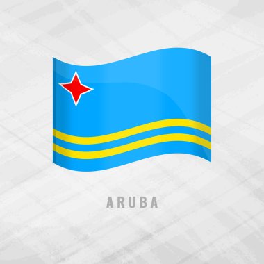 Aruba 'nın 3D resimli bayrağı sallanıyor. Aruba 'nın Gri Arkaplan Sembolü Üzerinde Vektör Bayrağı.