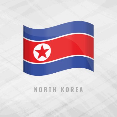 Kuzey Kore 'nin 3D resimli bayrağı sallanıyor. Kuzey Kore 'nin vektör bayrağı. Gri Arkaplanda kopyalama alanı var. Kuzey Kore 'nin sembolü.
