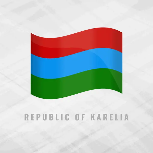 Karelia Cumhuriyeti 'nin bayrağını sallayan 3D illüstrasyon. Karelia Cumhuriyeti 'nin vektör bayrağı. Gri arkaplanda fotokopi alanı var. Karelia Cumhuriyeti 'nin sembolü