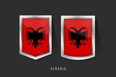 ALBANIA Etiket Logosunun Vektör İllüstrasyonu. ALBANIA Rozet İmza: Bayrak, Arnavut Ürün Etiketi Şablonu.