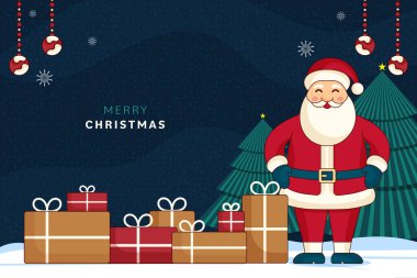 Mutlu Noeller ve Noel Baba, küçük elf, kardan adam, hediyeler ve geyikli yeni yıl tebrik kartı. Kış mevsiminde metin alanı olan bir çizgi film karakteri.