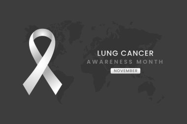 Akciğer kanseri farkındalığı. Beyaz kurdeleli siyah arkaplan..