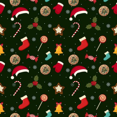 Yeşil bir arka planda şenlikli ziyafetler ve dekorasyonlar içeren neşeli bir Noel deseni