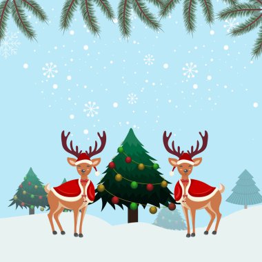 Karlı arka plan vektörlü Noel ren geyiği tasarımı.