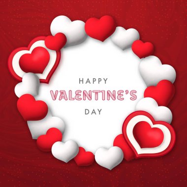 Kırmızı arka planda kırmızı ve beyaz üç boyutlu kalplerden oluşan dairesel çerçeveli neşeli bir Sevgililer Günü kartı. 