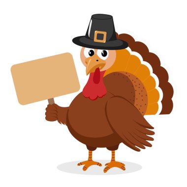 Bayram neşesini yaymaya hazır neşeli bir Şükran Günü maskotu mesajınız için boş bir tabela ile