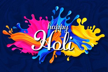 A vibrant and colorful illustration of Holi, the Festival of Colors, featuring splashes of paint and the words 