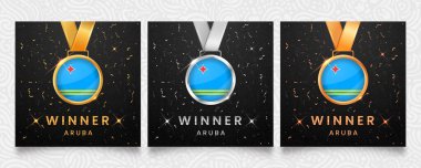 Aruba Winner set. Medals featuring the flag design, displayed on a dark background with gold and silver confetti accents and sparkling highlights. clipart