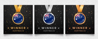 Australia Winner set. Medals featuring the flag design, displayed on a dark background with gold and silver confetti accents and sparkling highlights. clipart