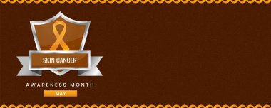 Gümüş bir kalkanda sarı bir kurdele bulunan yatay bir pankart tasarımı, Uluslararası Cilt Kanserinin Farkındalık Ayı 'nı simgeliyor. Pankartın dekoratif desenli sarı bir arka planı var..